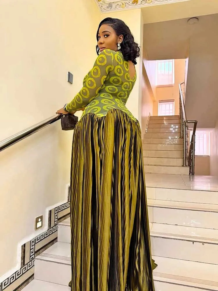 High Waist Long Sleeve Pleated Dress