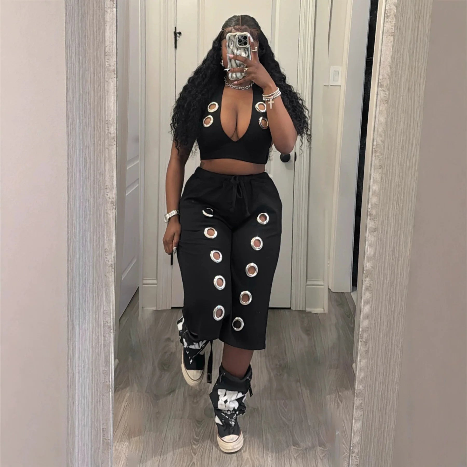 Sexy Backless Crop Top And High Waist Wide Leg Pants