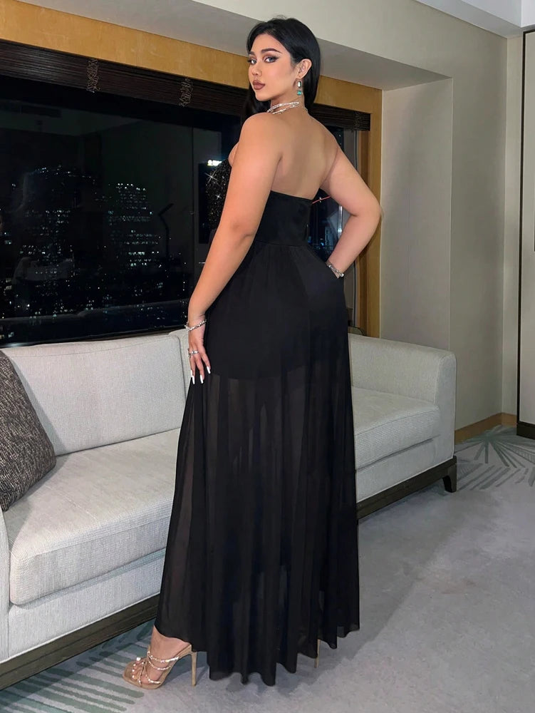 Plus Size Sheath Sequins Waisted Mesh Dress
