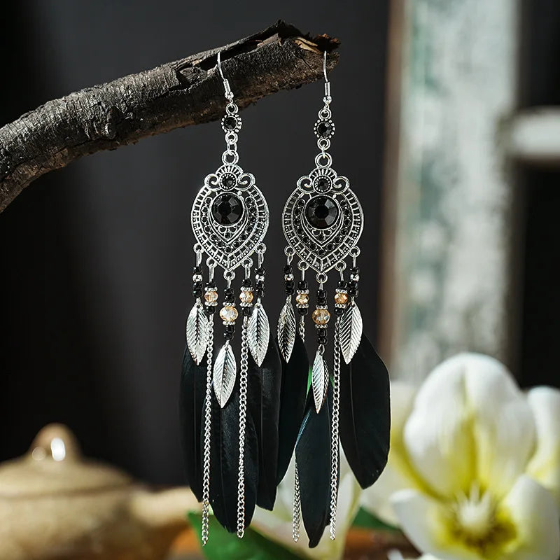 Boho Feather Long Leaf Tassel Drop Earrings