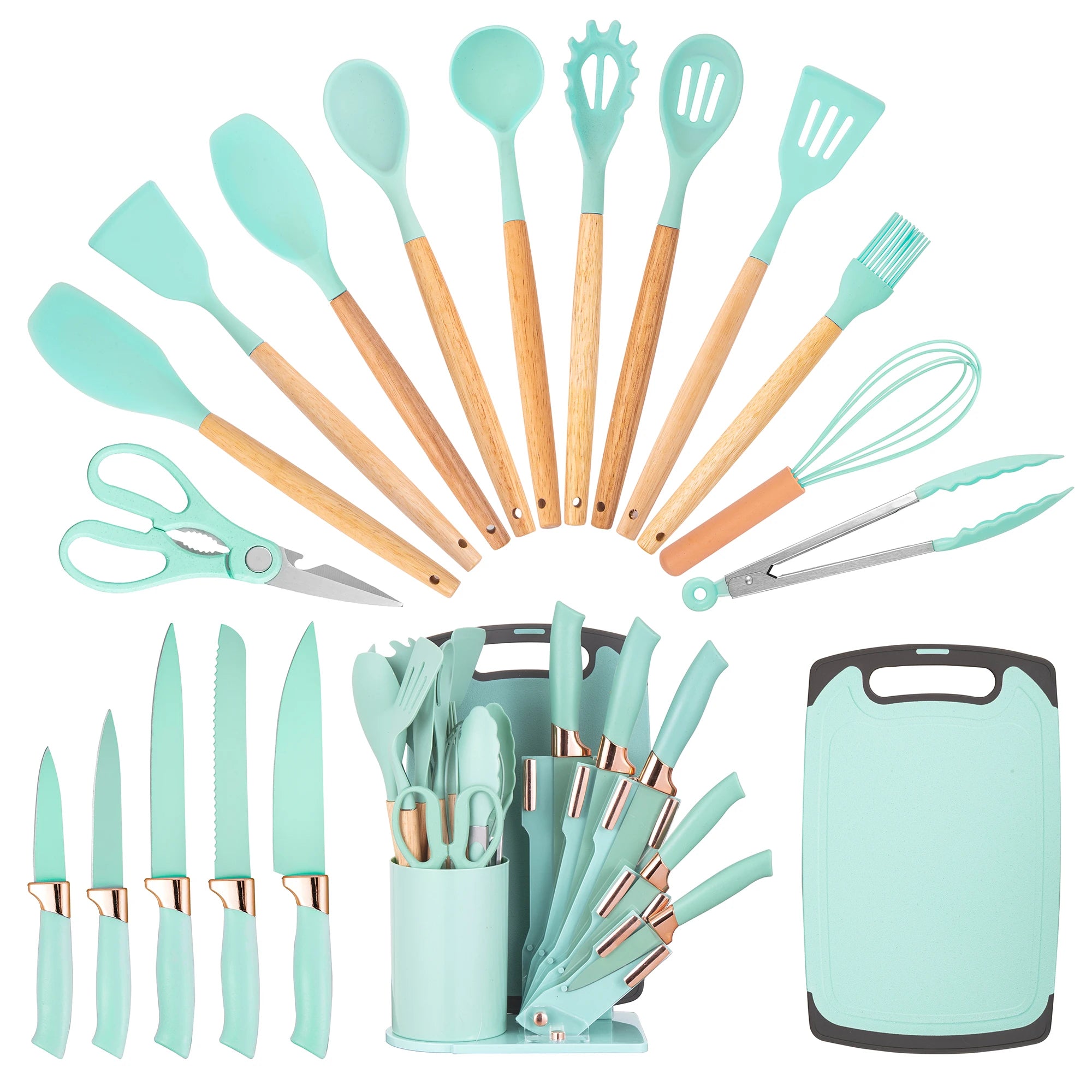 19Pc Professional Kitchen Knife Set with Silicone Cooking Utensils & Cutting Board