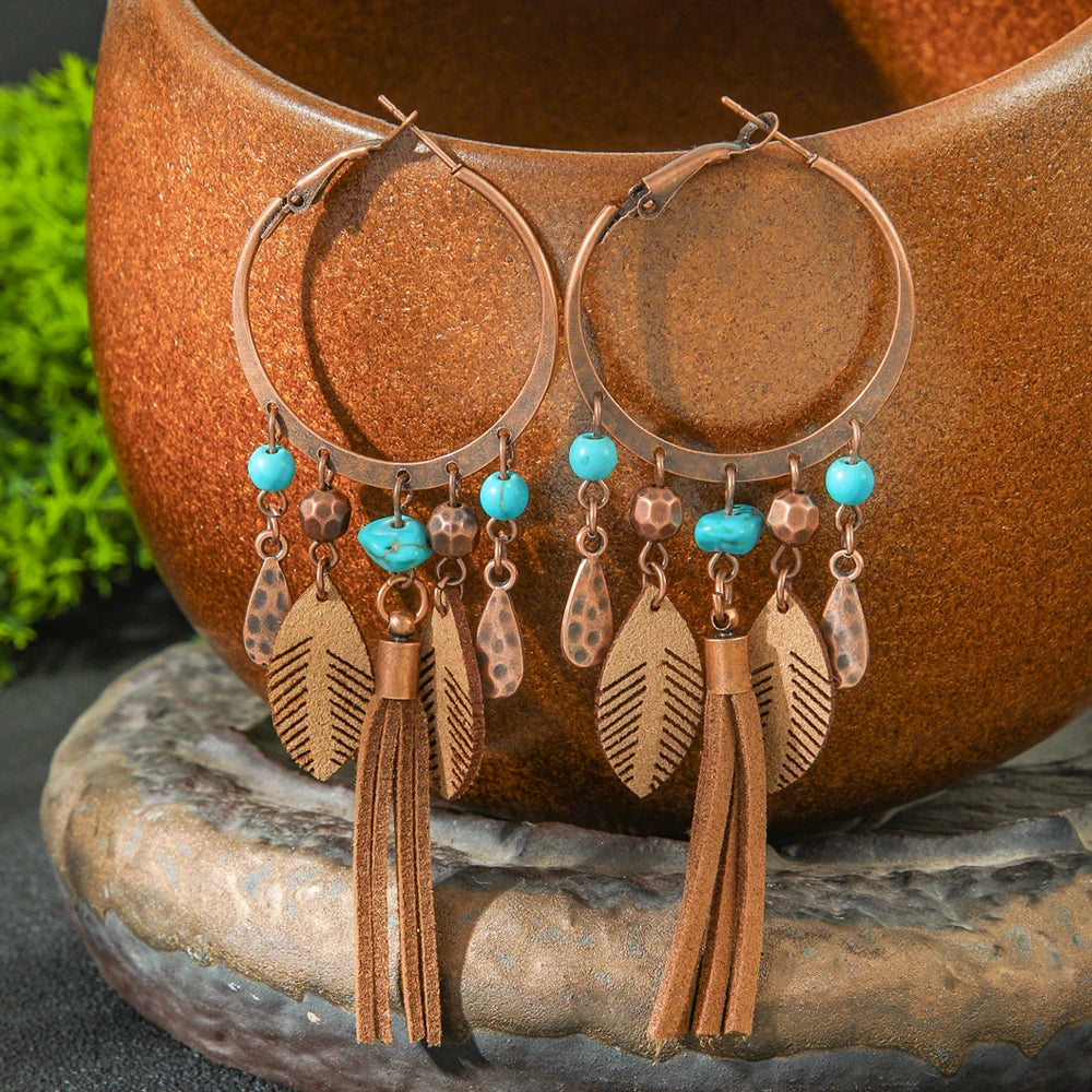 Vintage Boho Long Hook Tassel Leaves Earrings