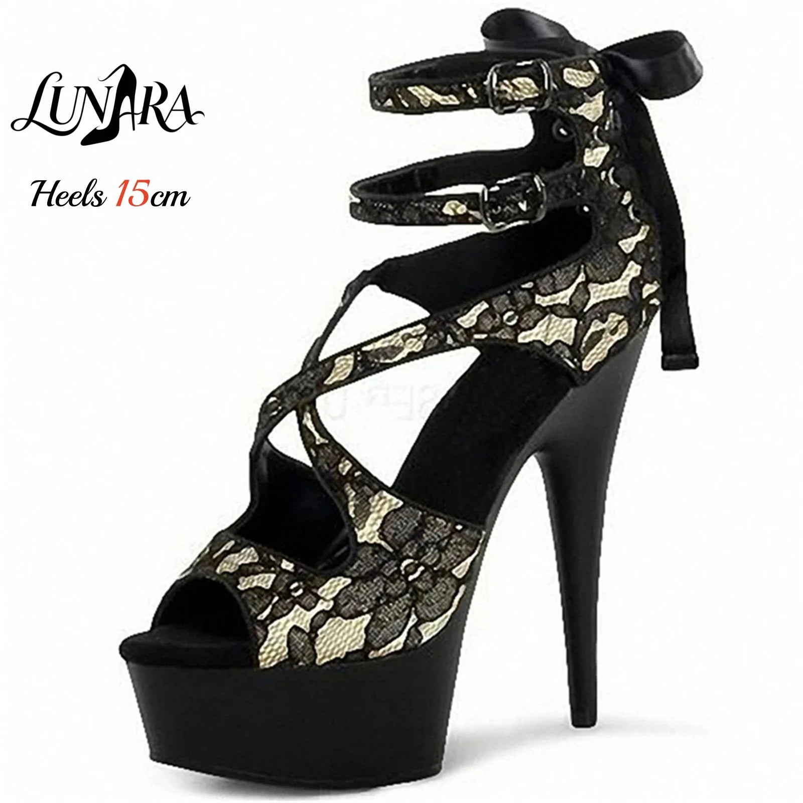 Black Red Lace Ankle Strap Buckle Open Toe Platform High Heel
