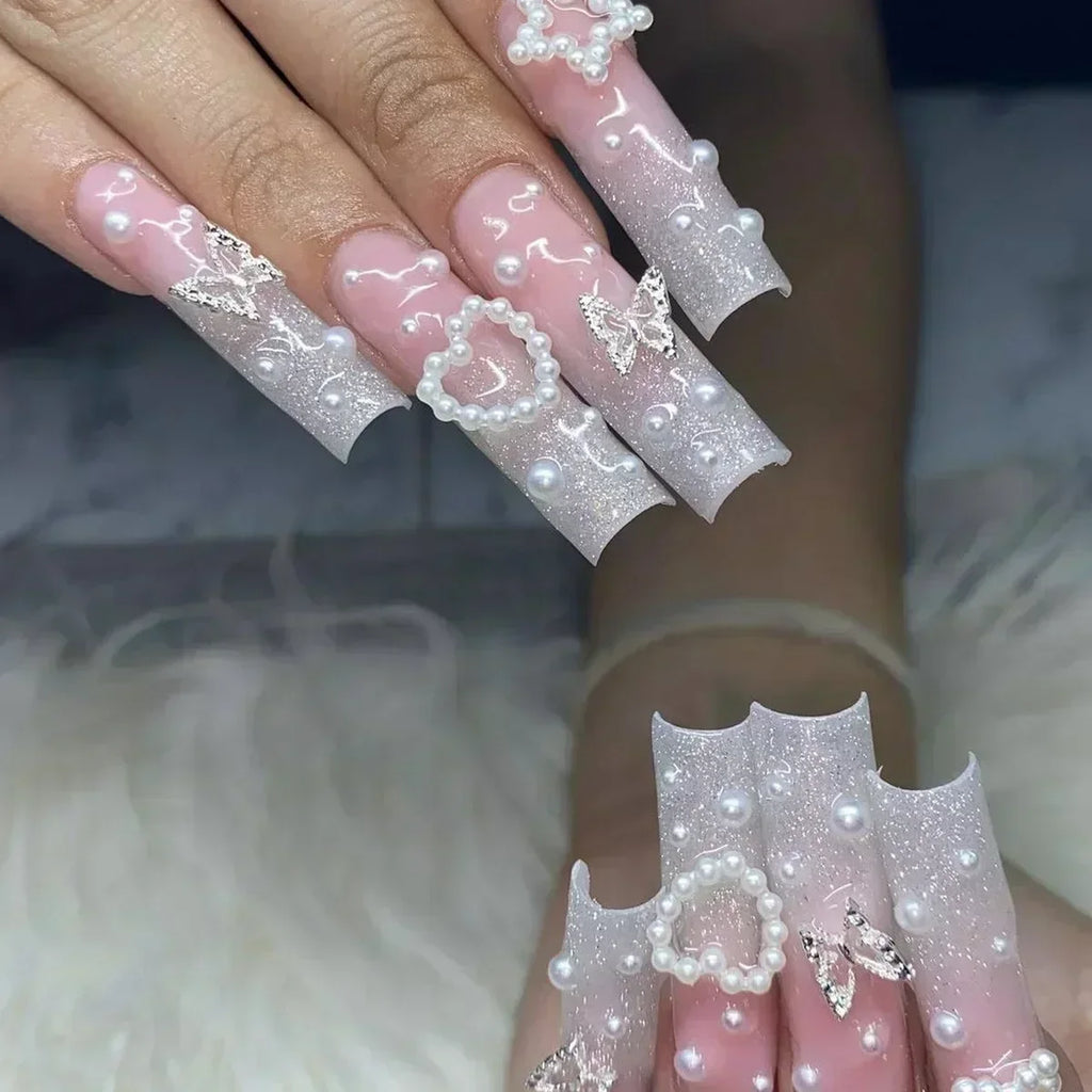 24Pc Long Ballet False Nails Pink Butterfly with Rhinestones French Design