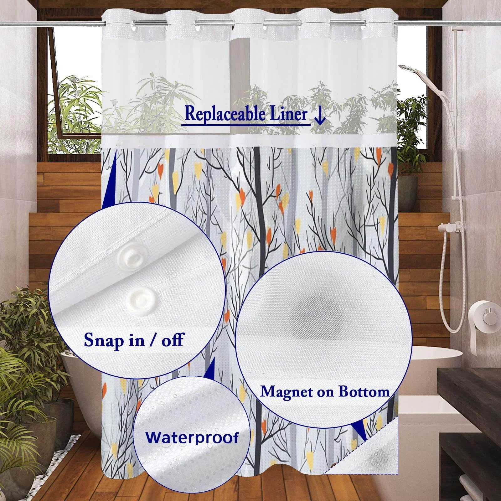 No Hook Plant Pattern Shower Curtain With Snap-in Fabric Liner