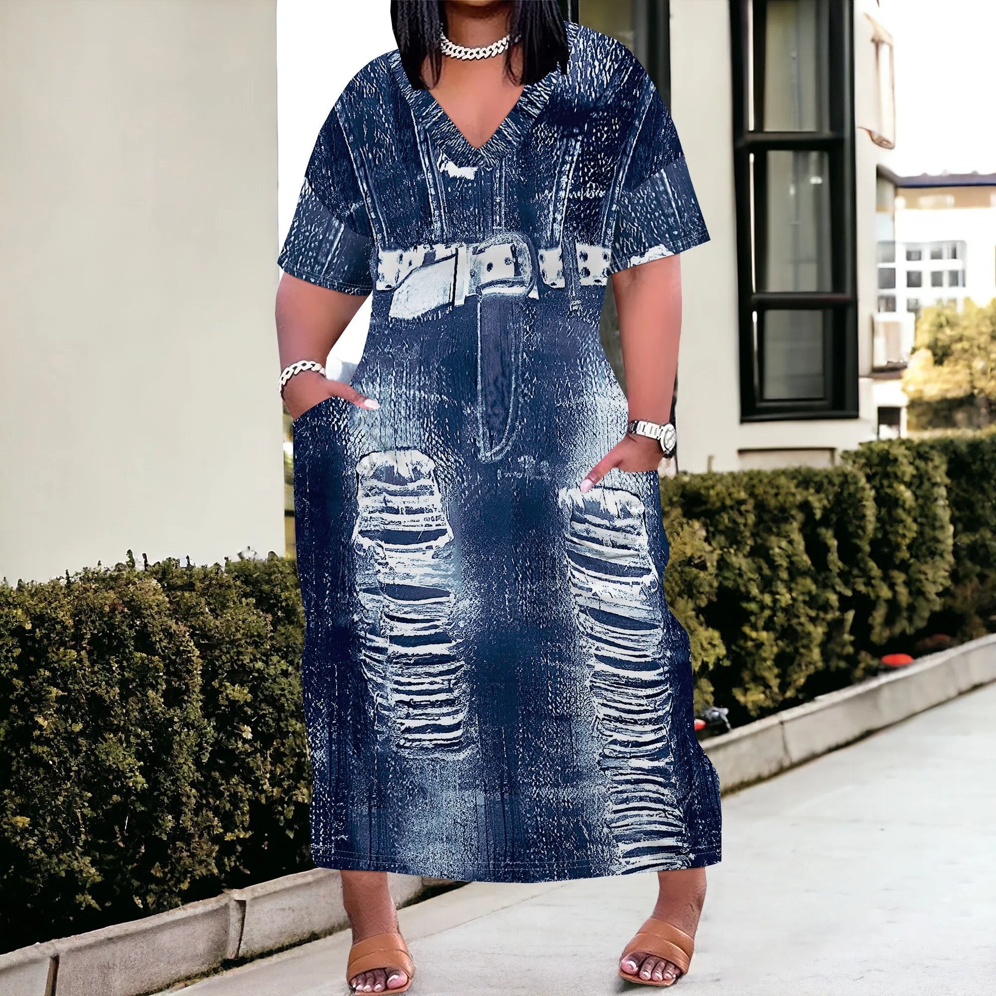 Plus Size Denim 3D Print Maxi Dress