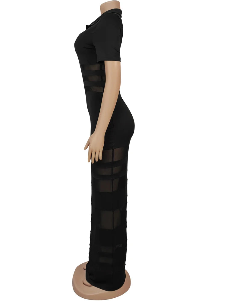 Beyprern Women's See-Through Striped Sheer Polo Maxi Dress