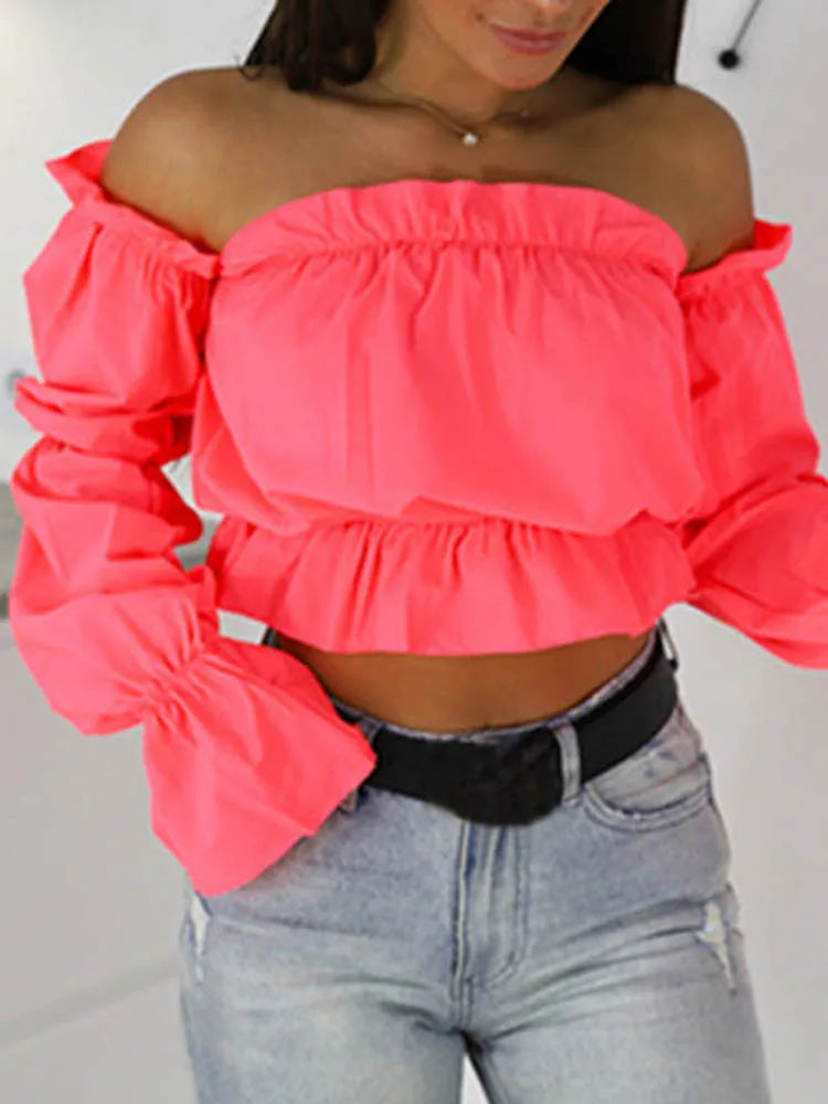 Candy Color Off Shoulder Crop Tops