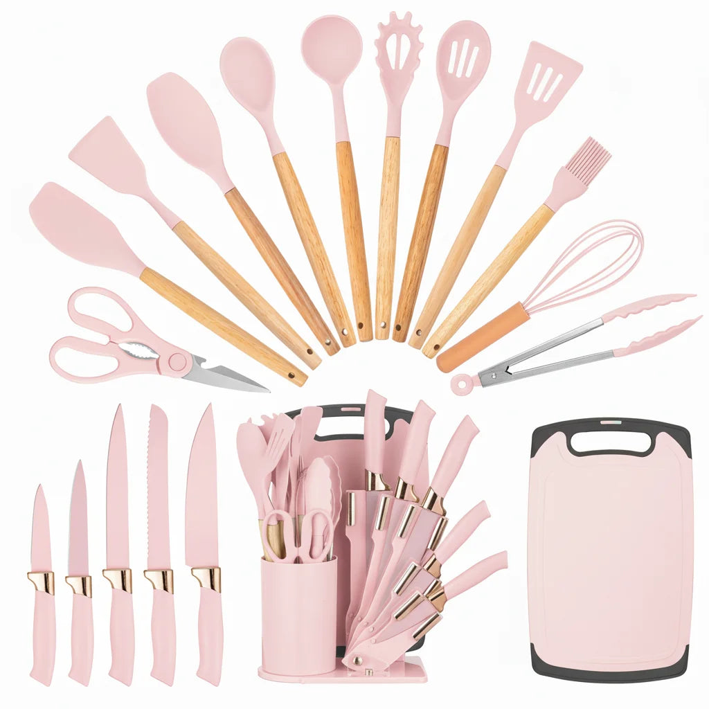 19Pc Professional Kitchen Knife Set with Silicone Cooking Utensils & Cutting Board