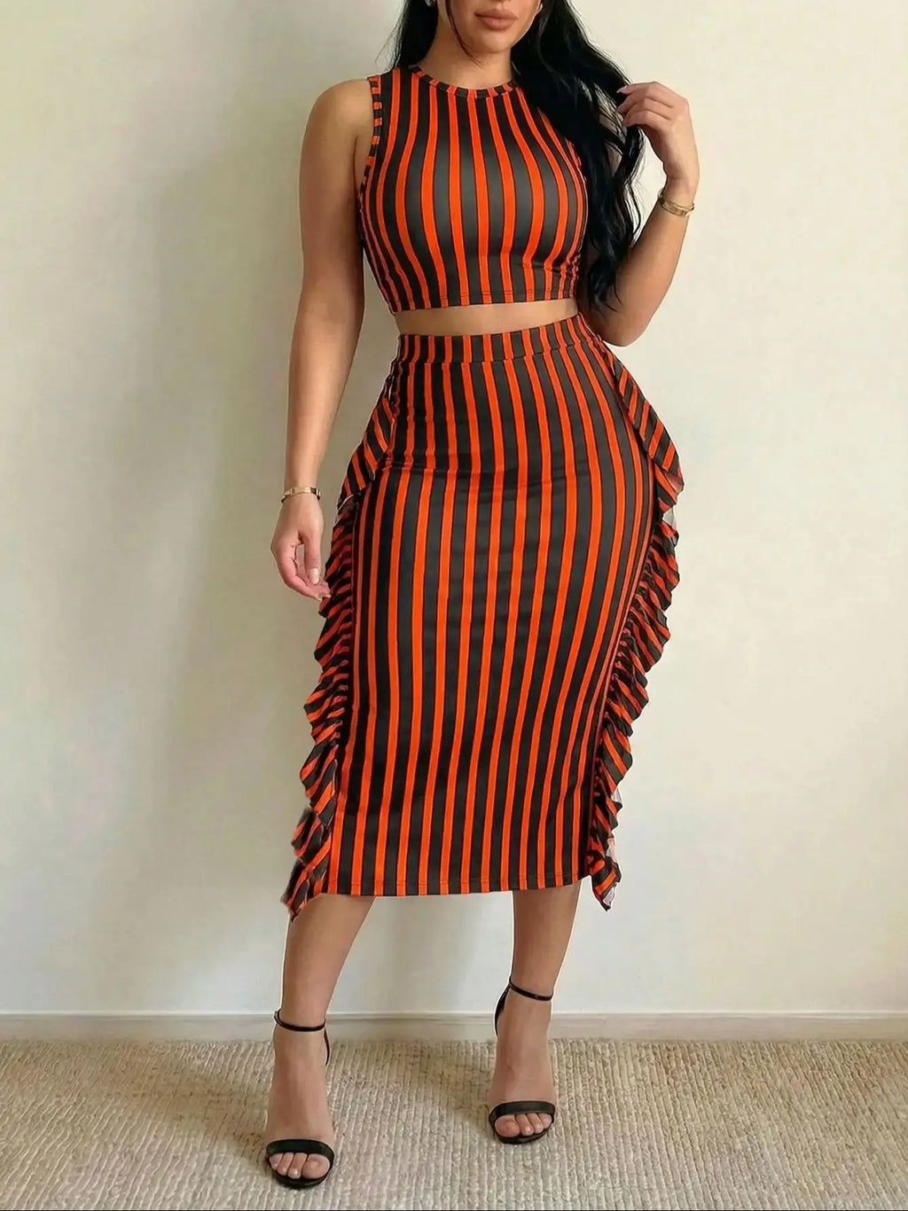 Women's Striped 2 Piece Sleeveless Top with Ruffle Asymmetrical Skirt