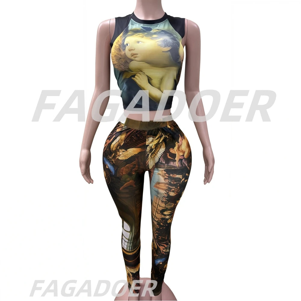 2 Piece Set Woman Oil Painting Sleeveless Crop Top And Pants