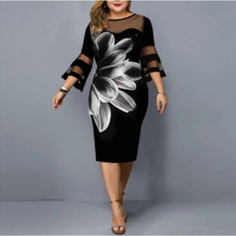 Plus Size Mesh Vintage Floral Printed Elegant Ladies Party Dresses