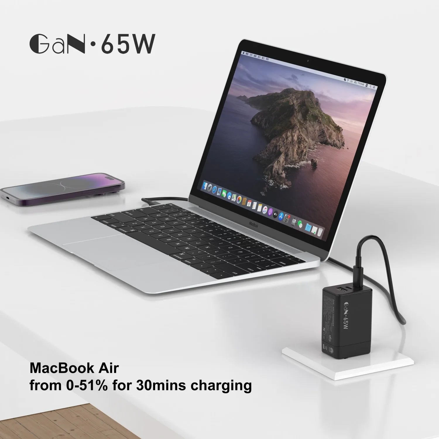 65W GaN 3 Port USB C Power Adapter With Type C