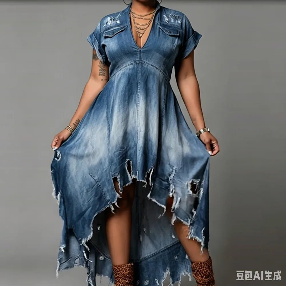 Plus Size Distressed Denim Maxi Dress V-Neck Short Sleeve High Low Hem Ripped Jean Dress