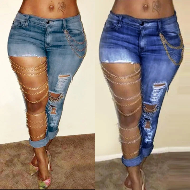 Women Pencil Denim Big Holes Chain Pants