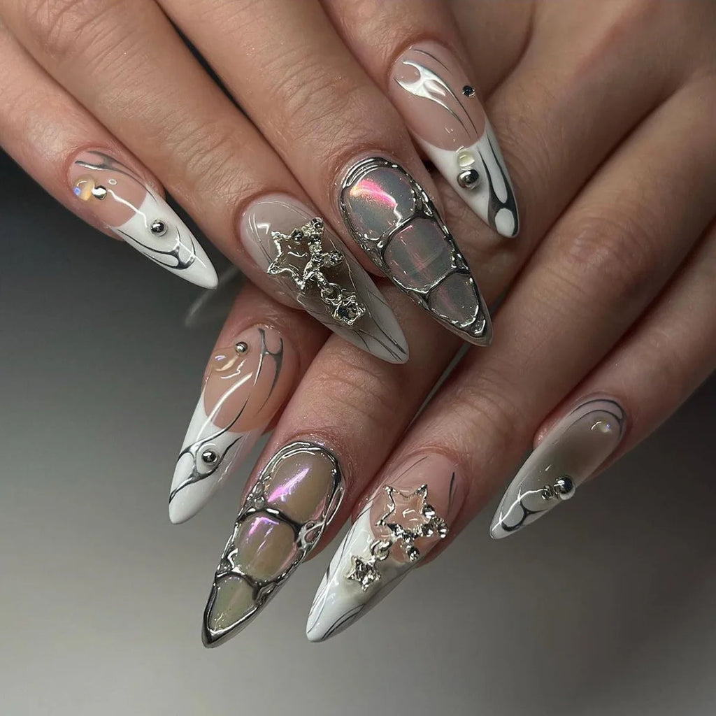 24Pc Black Butterfly Diamond Halloween Long Almond Press on Nails Tips
