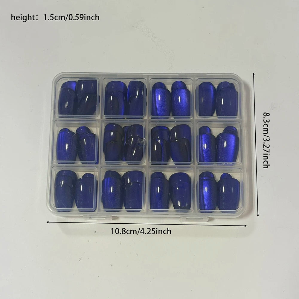 30/144Pcs Glossy Dark Blue Cat Eye Press On Nails