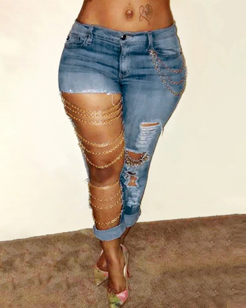 Women Pencil Denim Big Holes Chain Pants