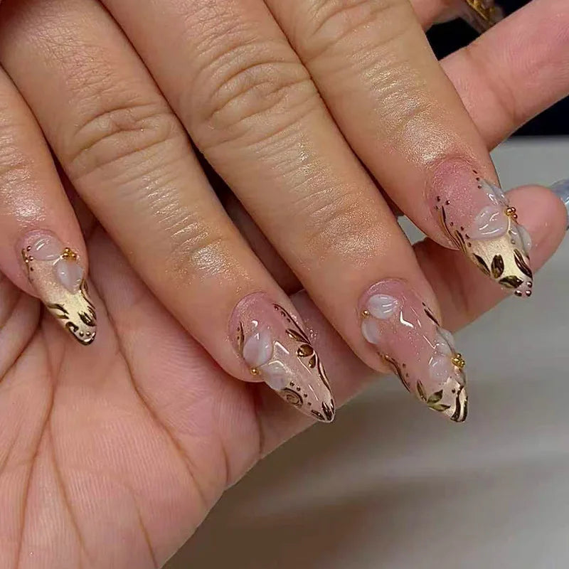24Pcs Mid-length Gilded Almond Nails Set Press on Nails