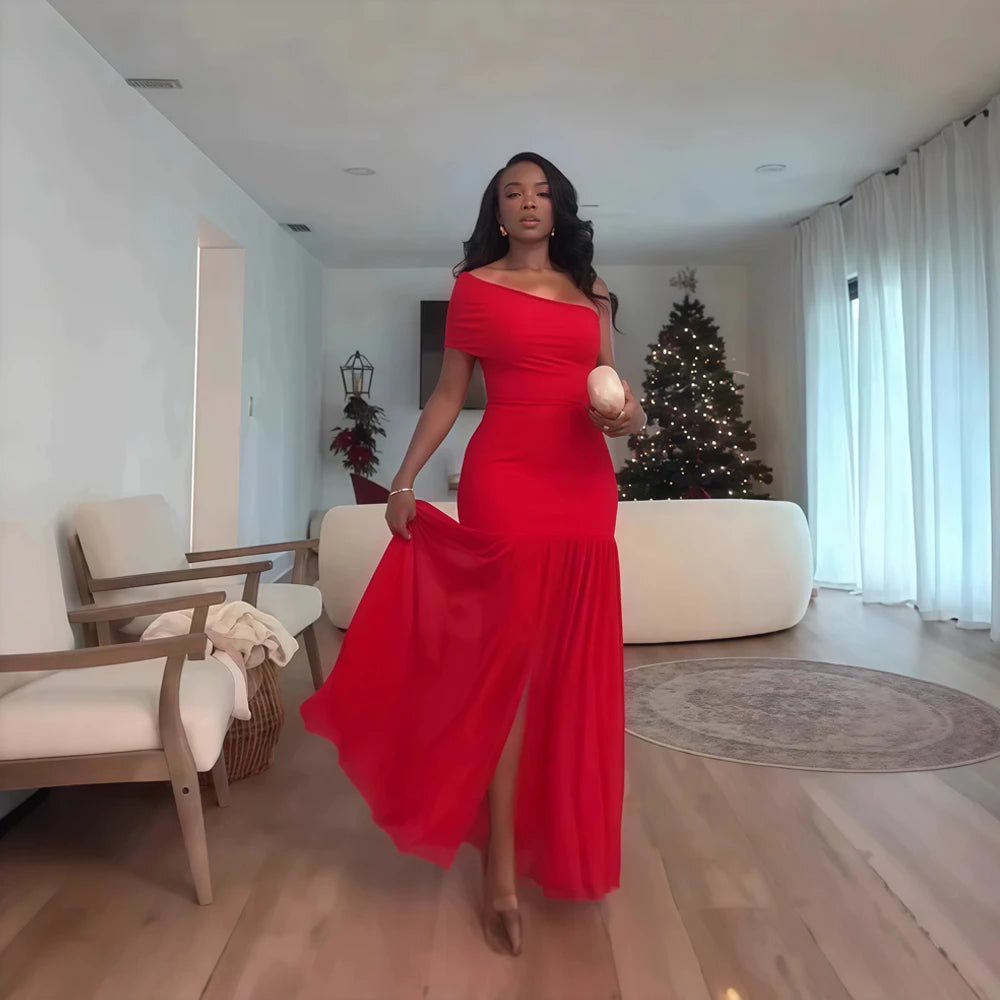 Elegant Skew Neck One Sleeve Off Shoulder Mesh Slit Long Dress