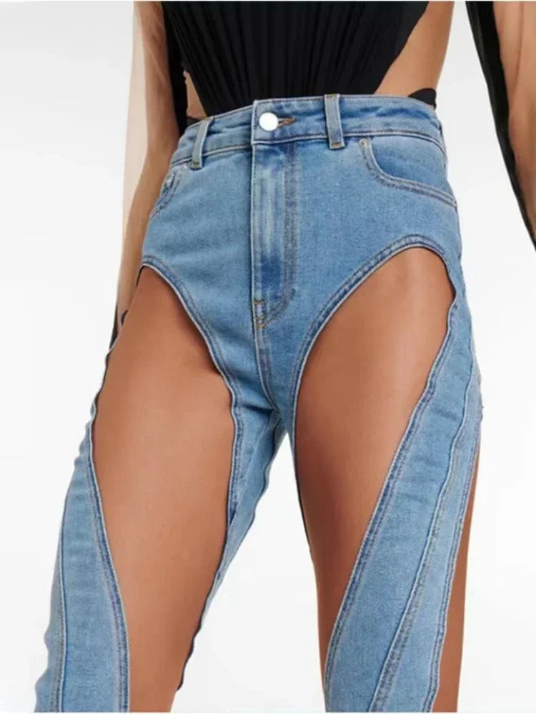 Sexy Cowboy Mesh Patchwork High Waist Blue Jean