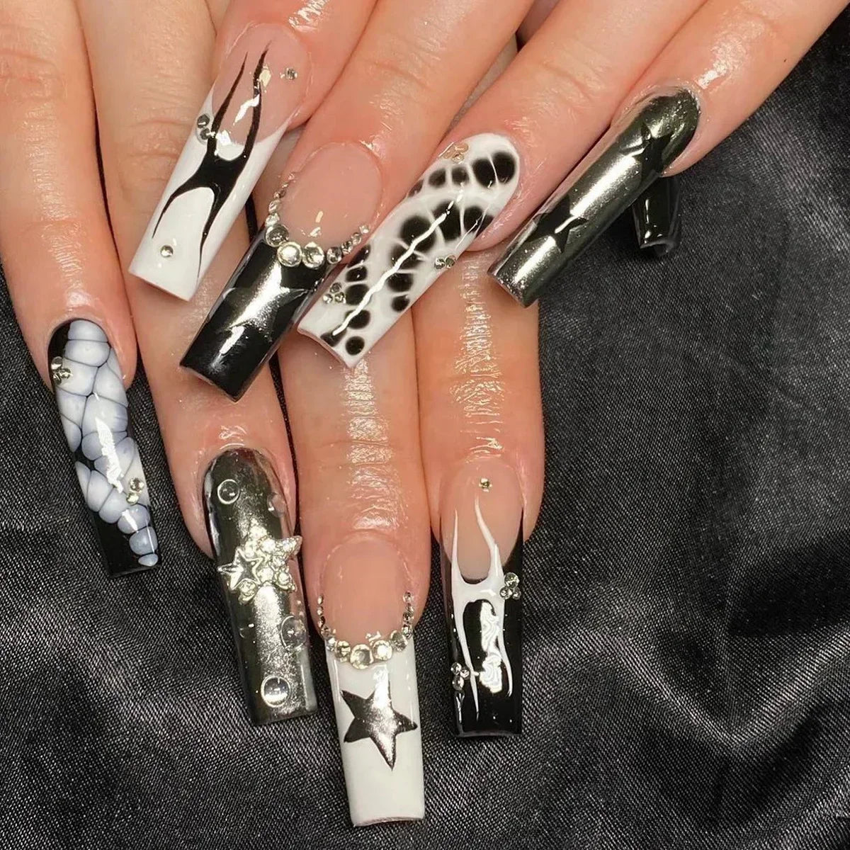 24Pcs Long Coffin Rhinestones Ballet Press on Nails