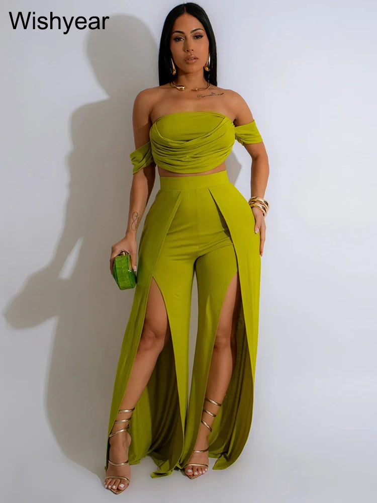 Strapless Crop Tops and High Split Wide Leg Pants