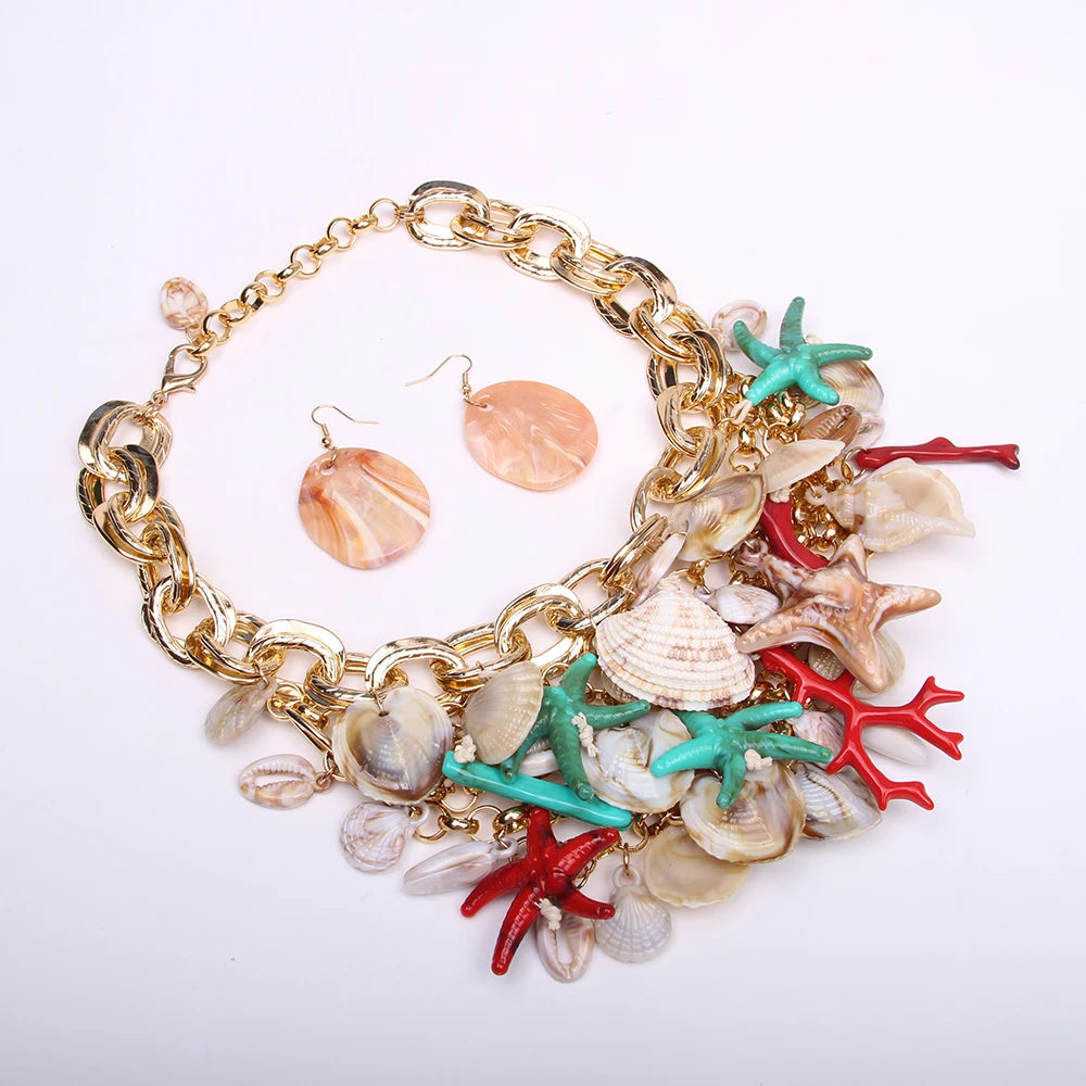Statement Boho Beads Necklace Starfish&Shells Design