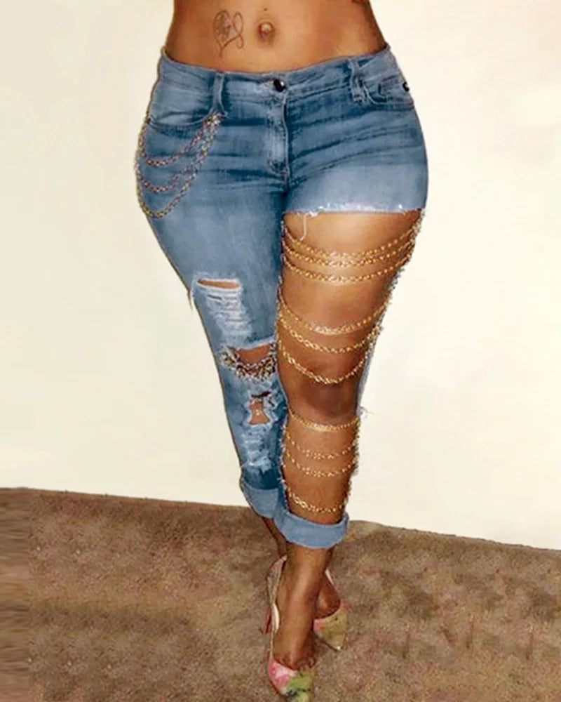 Women Pencil Denim Big Holes Chain Pants