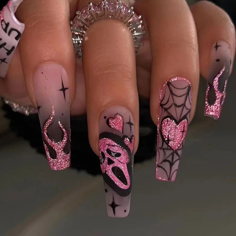 24pcs Glitter Pink Sequins Press on Nails
