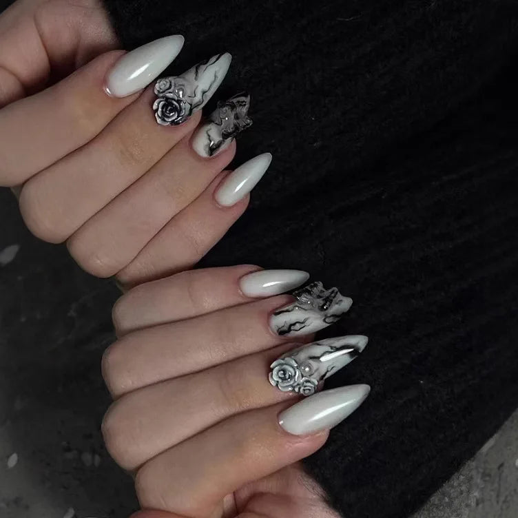 24Pc Black Butterfly Diamond Halloween Long Almond Press on Nails Tips