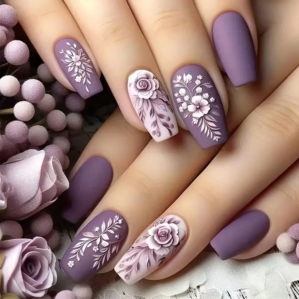24pc Press on Nails Flower Design Mid-length Ballet