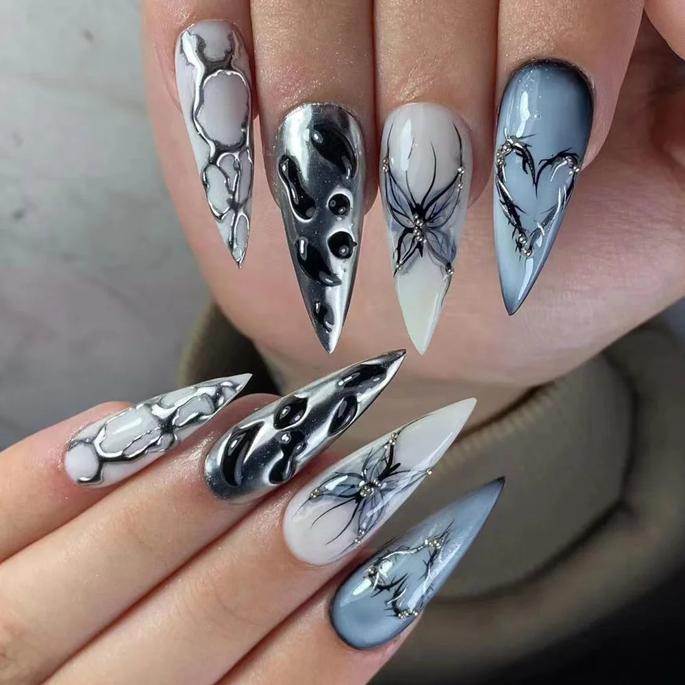 24Pc Black Butterfly Diamond Halloween Long Almond Press on Nails Tips