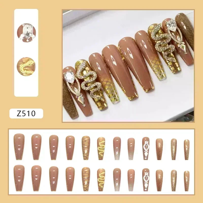 24Pcs Long Coffin Rhinestones Ballet Press on Nails