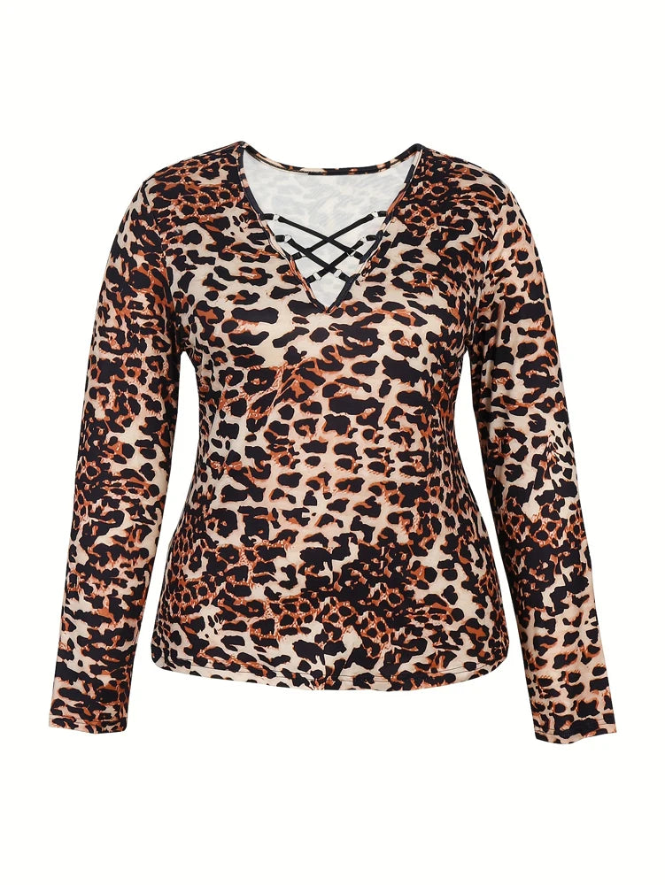 Plus Size Leopard Print Long Sleeve Top