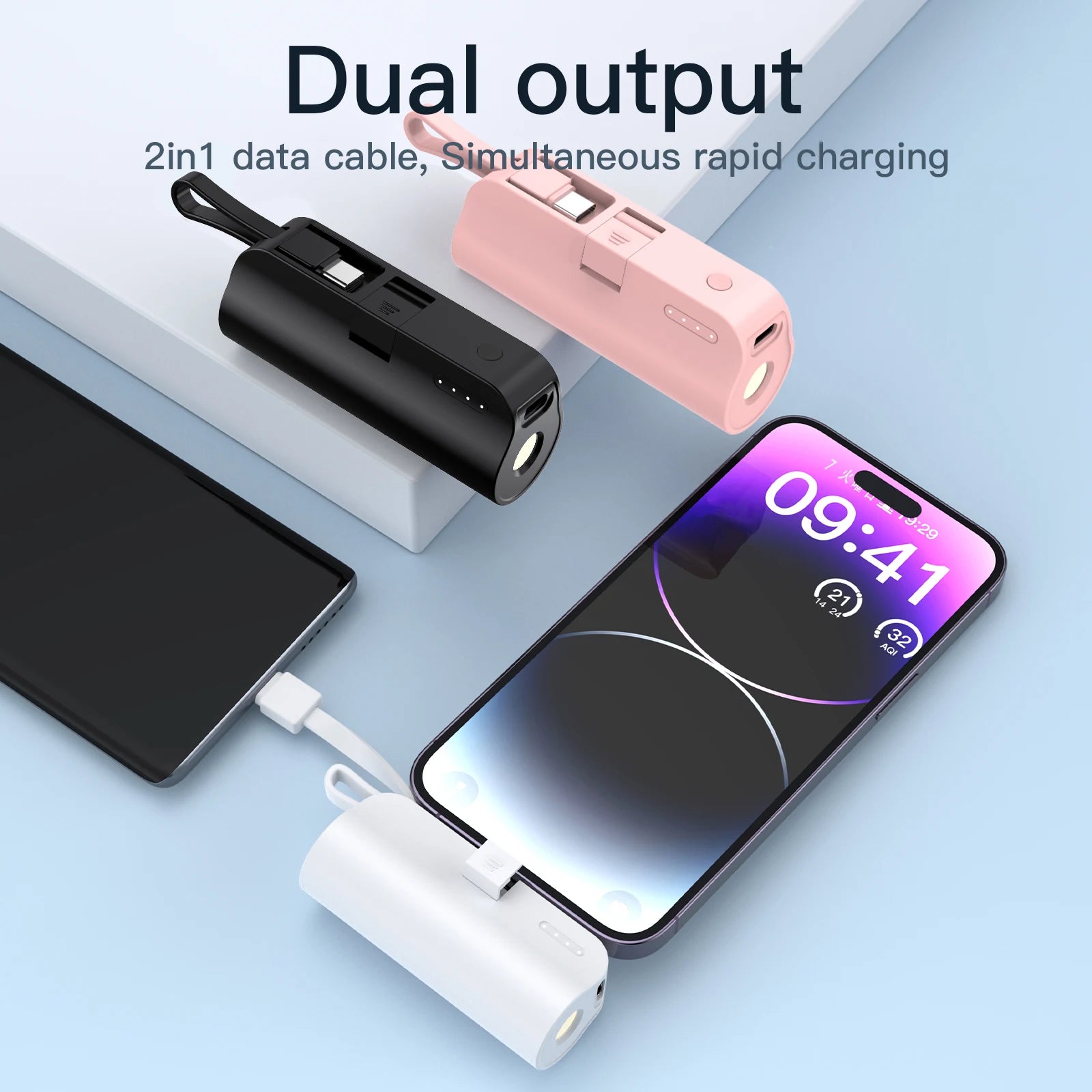 Mini Portable 5000mAh Power Bank with Built-in Cable Charging Port