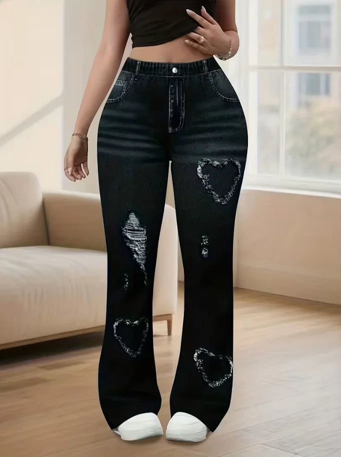 Y2K Heart Print Bell Bottom Leggings