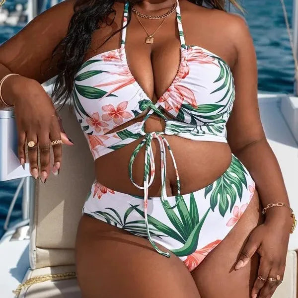 Plus Size Halter Bikini Long Skirt 3 Piece High Waist Swimsuit