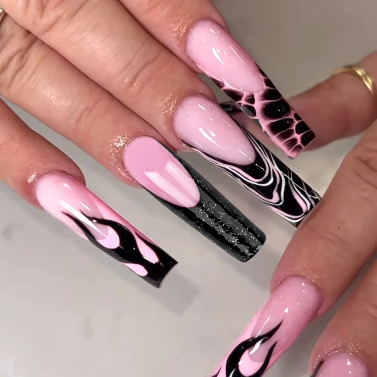 Pink Black French Long Ballet Press on Nails