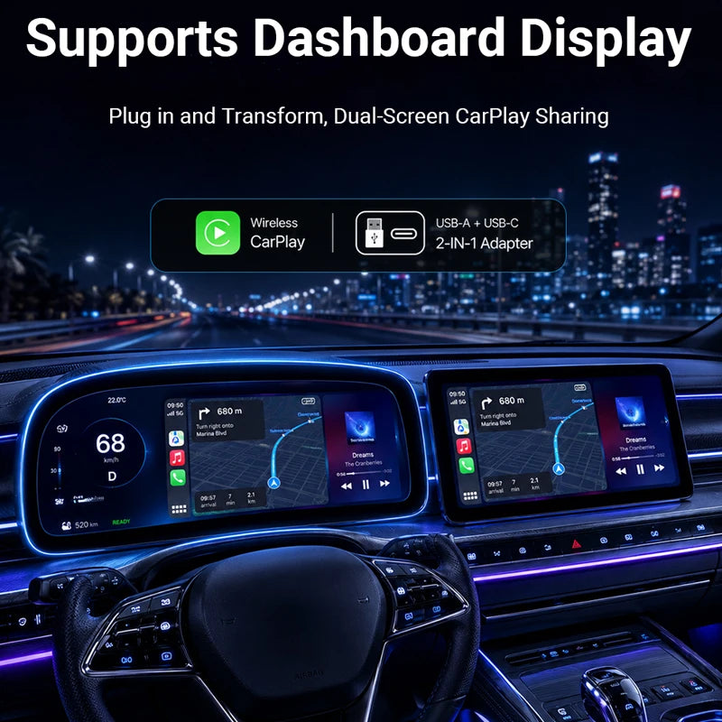 Wired to Wireless CarPlay and Android Auto 2 in 1 Mini Adapter