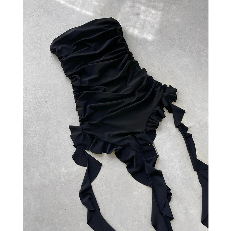 Strapless Floral Fold Hemline High Slit Mini Dress