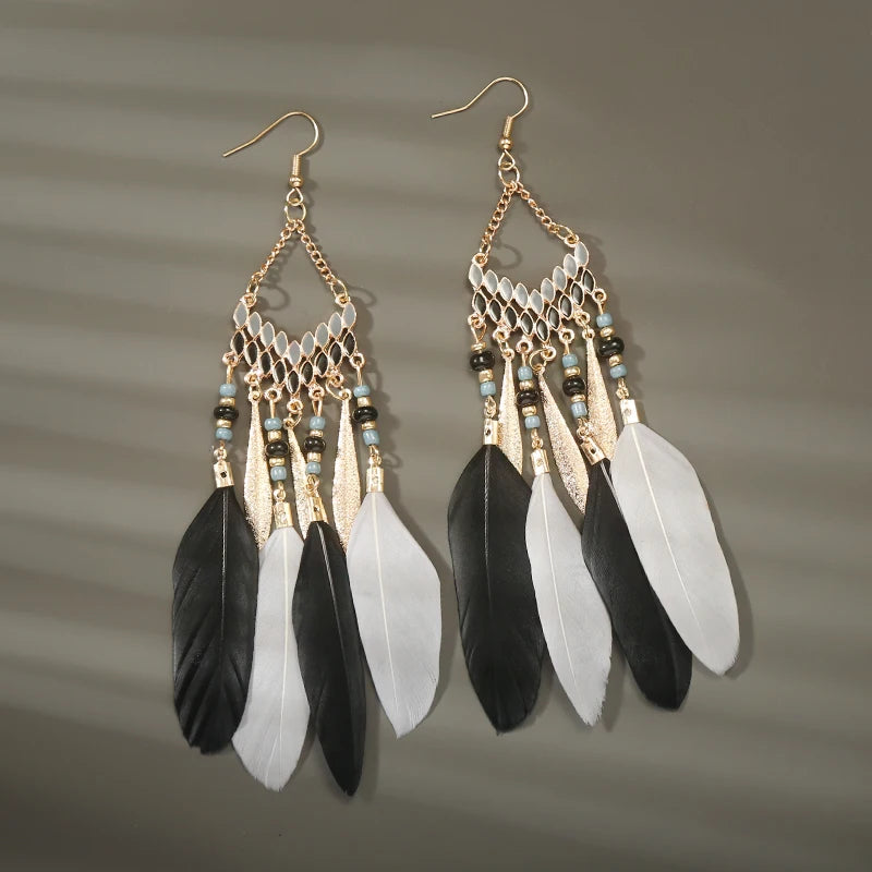 Boho Long Feather Dangle Earrings