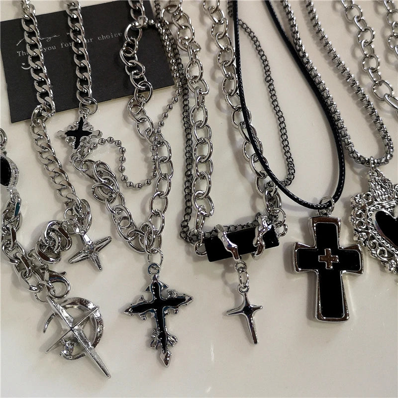 Punk Rock Goth Black Heart Cross Pendant Chain Necklace