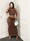 2PCS Women's See Through Mesh Hollow Out Crop Tank & High Waist Bodycon Mini Skirt