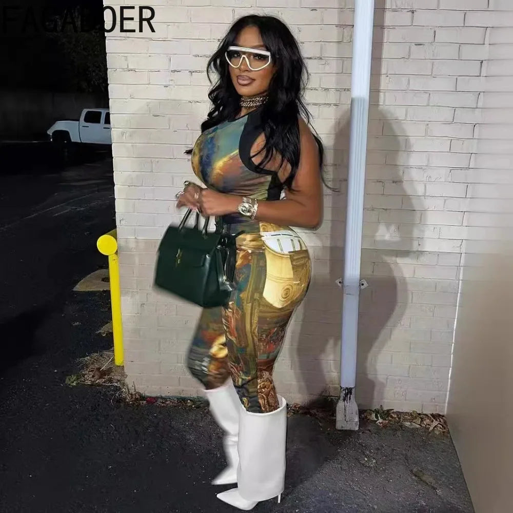 2 Piece Set Woman Oil Painting Sleeveless Crop Top And Pants