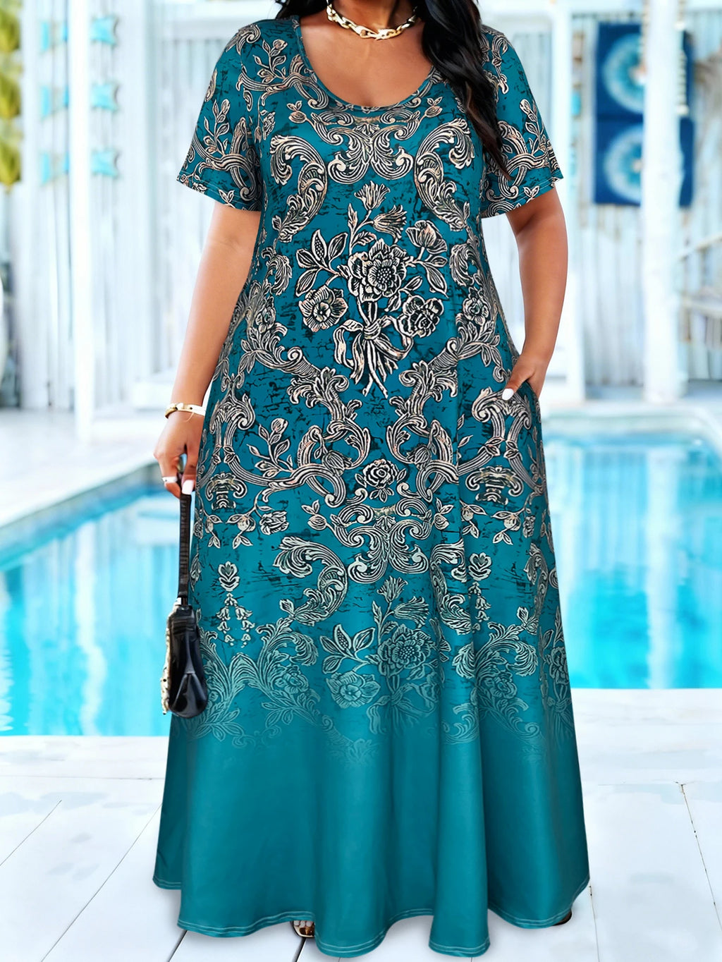 Plus Size Teal Baroque Floral Print Maxi Dress