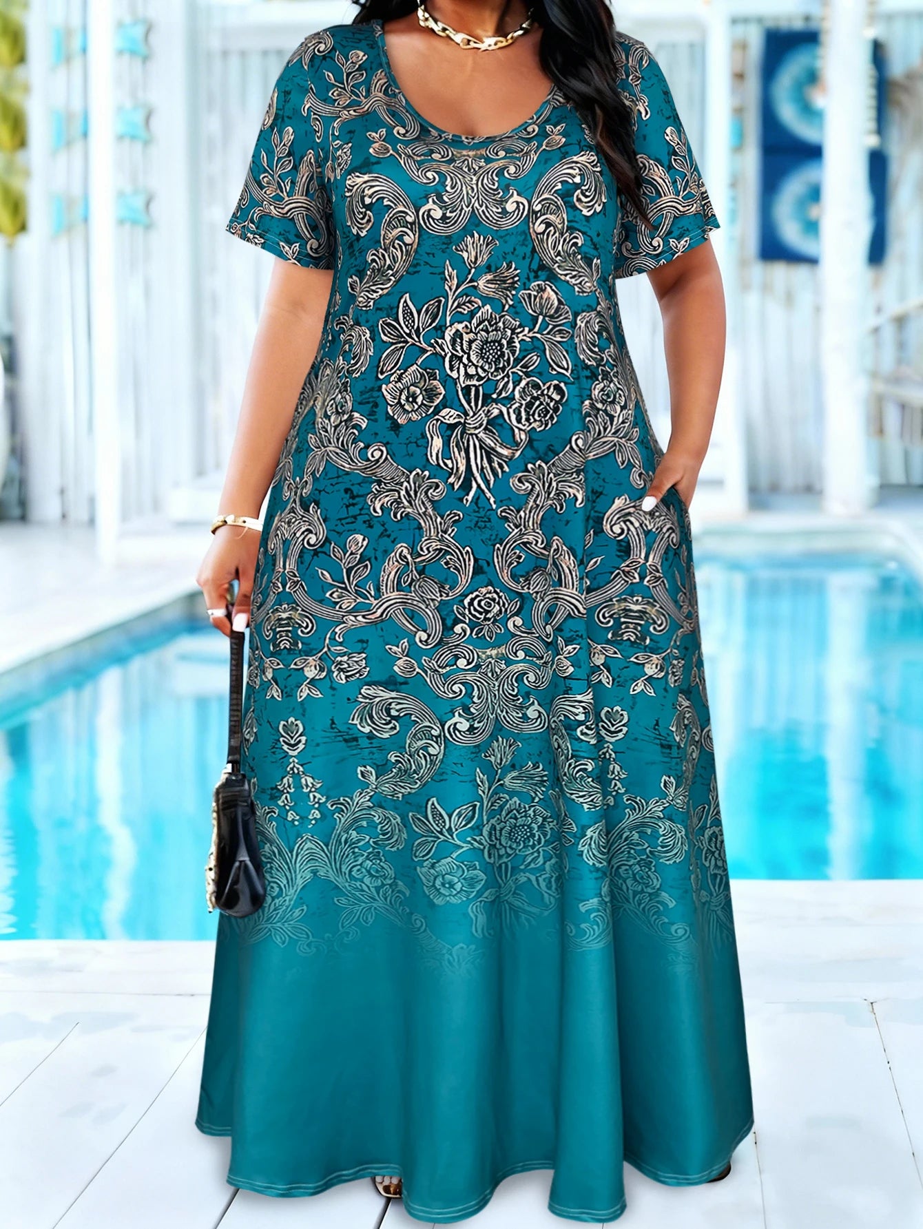Plus Size Teal Baroque Floral Print Maxi Dress