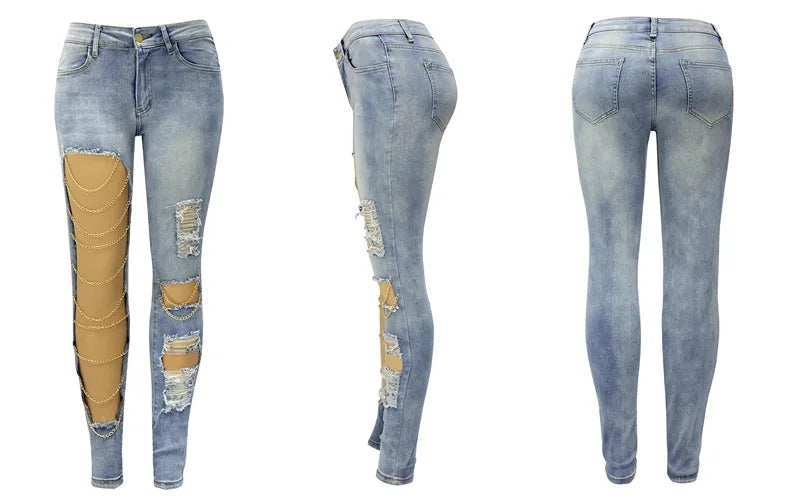 Women Pencil Denim Big Holes Chain Pants