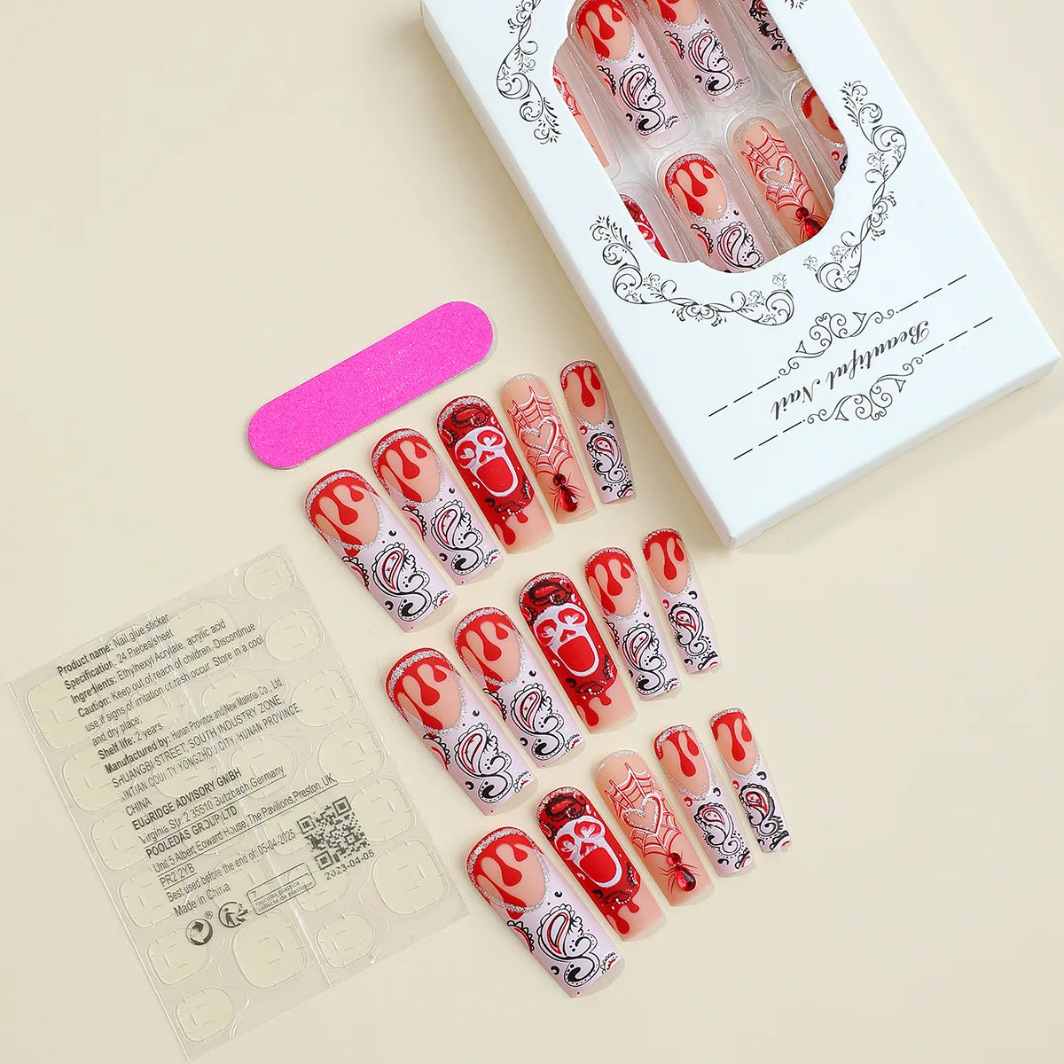 Scary Blood Skull Long Coffin Ballet Halloween Press on Nails