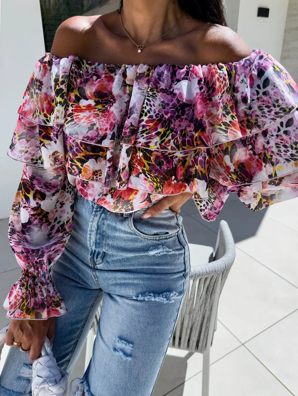 Women's Off Shoulder Floral Print Blouse with Tiered Ruffles